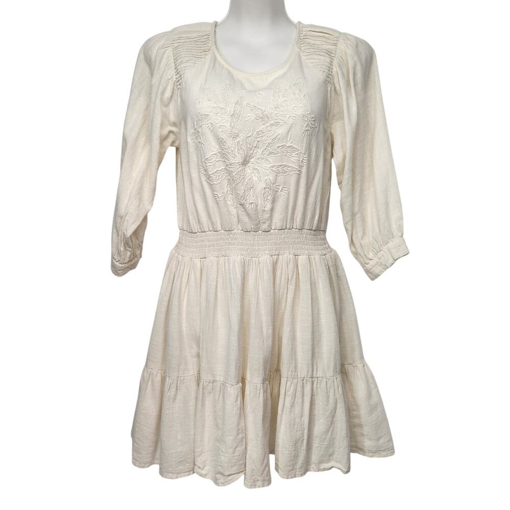 Zara Beige Embroidered Pleated Tiered Mini 100% Cotton Dress Women's‎ S